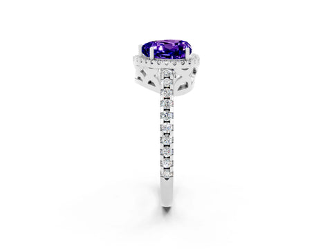 White gold Heart Cut Tanzanite Halo Engagement Ring with Pavé Band and Prong Setting_37