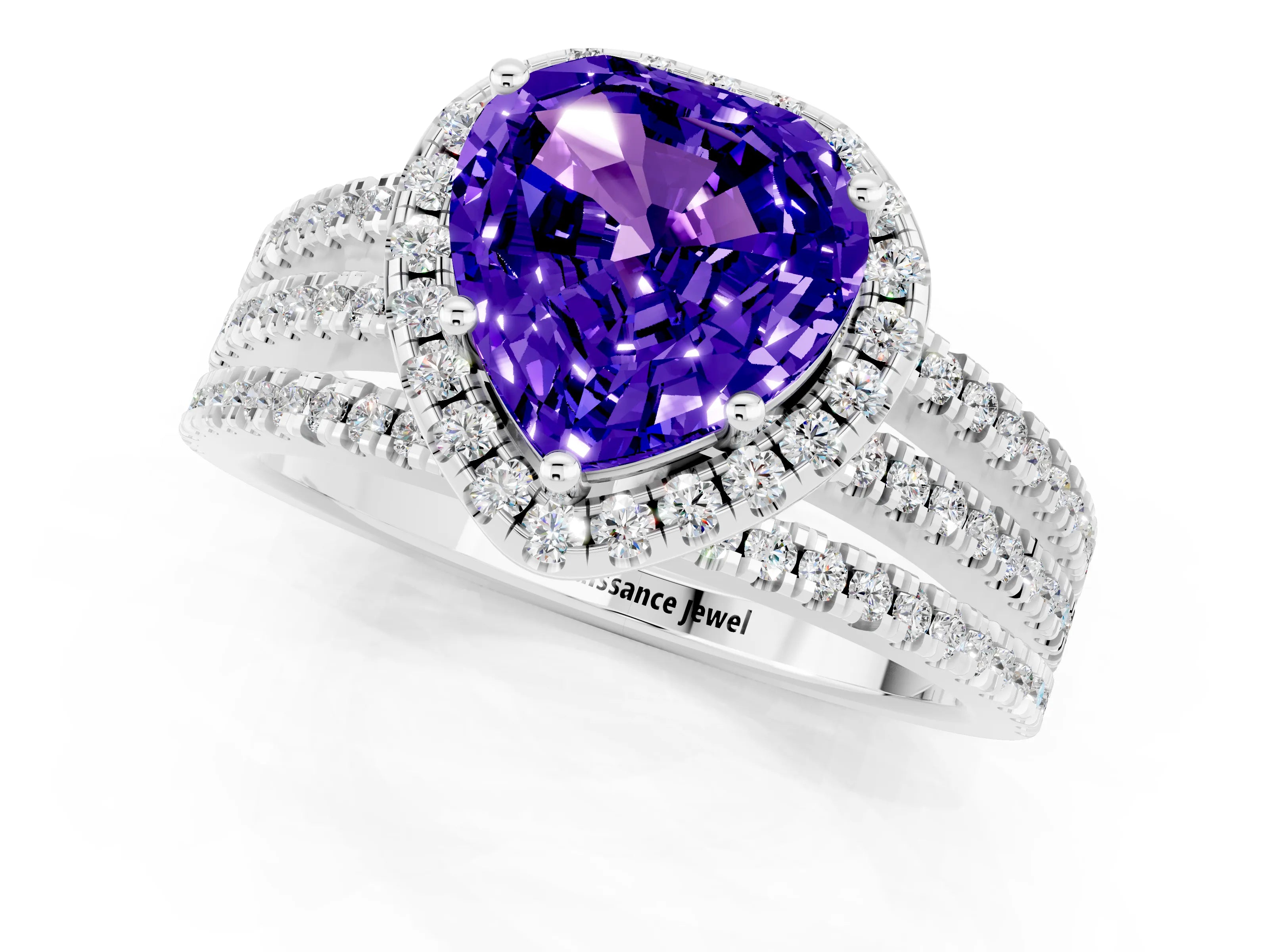 White gold Heart Cut Tanzanite Halo Engagement Ring with Split Shank and Four-Prong Setting_13
