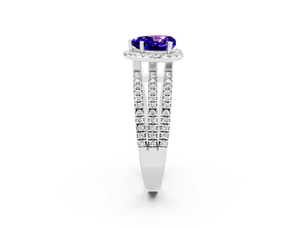 Platinum Heart Cut Tanzanite Halo Engagement Ring with Split Shank and Four-Prong Setting