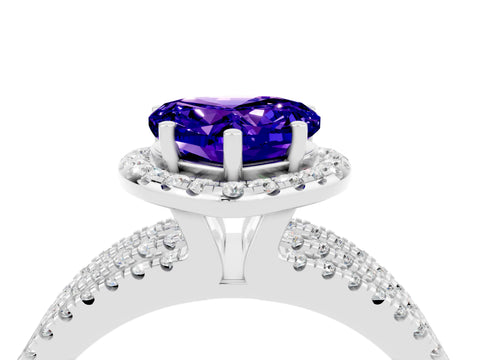 White gold Heart Cut Tanzanite Halo Engagement Ring with Split Shank and Four-Prong Setting_4