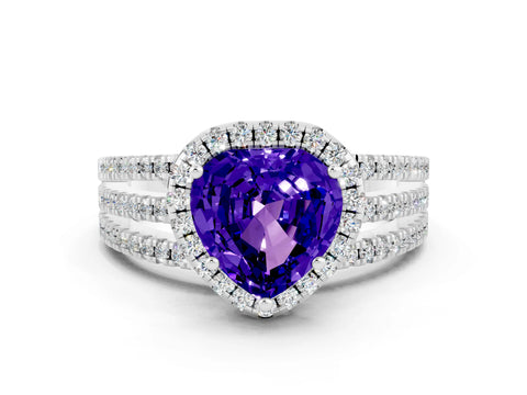 White gold Heart Cut Tanzanite Halo Engagement Ring with Split Shank and Four-Prong Setting