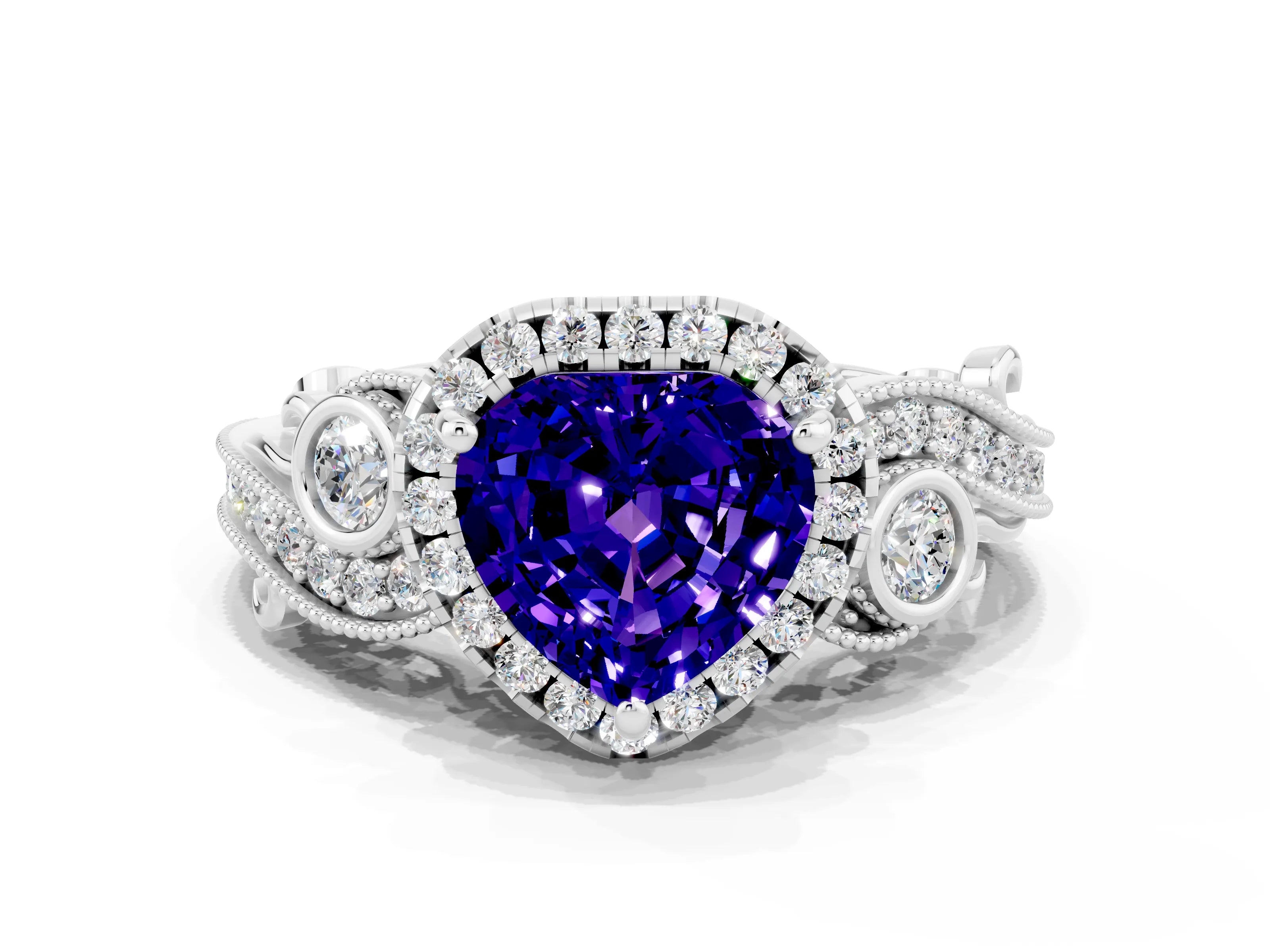 White gold Heart Cut Tanzanite Halo Ring with Milgrain Pavé Band and Four-Prong Setting_12