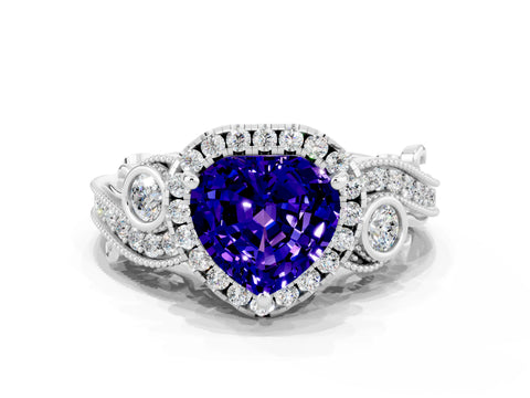 White gold Heart Cut Tanzanite Halo Ring with Milgrain Pavé Band and Four-Prong Setting_12