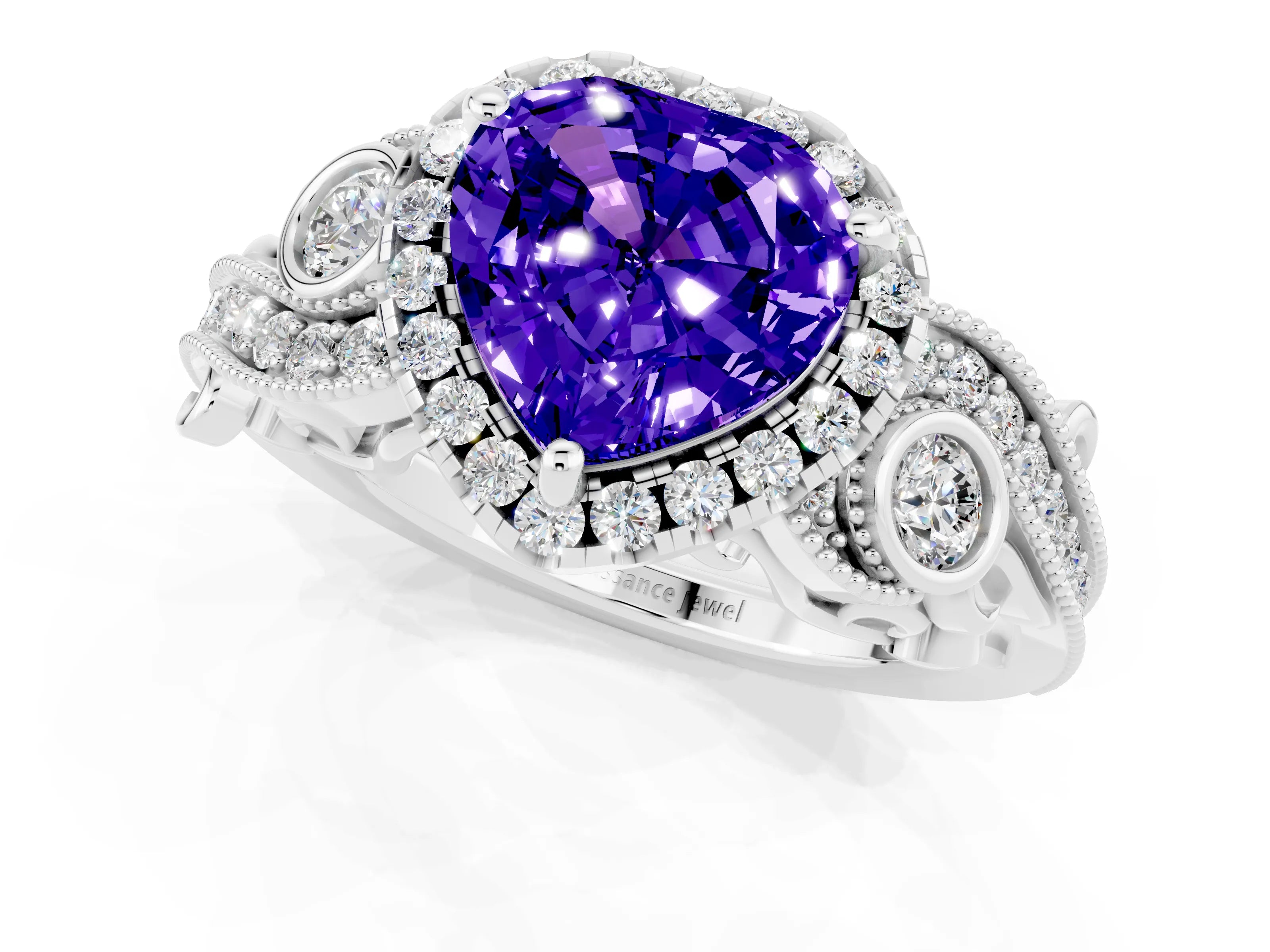 White gold Heart Cut Tanzanite Halo Ring with Milgrain Pavé Band and Four-Prong Setting_13