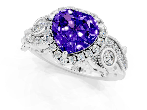 Silver Heart Cut Tanzanite Halo Ring with Milgrain Pavé Band and Four-Prong Setting