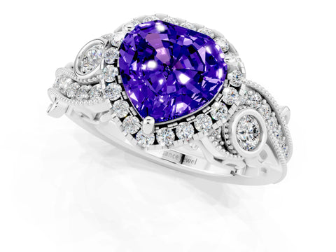 White gold Heart Cut Tanzanite Halo Ring with Milgrain Pavé Band and Four-Prong Setting_13