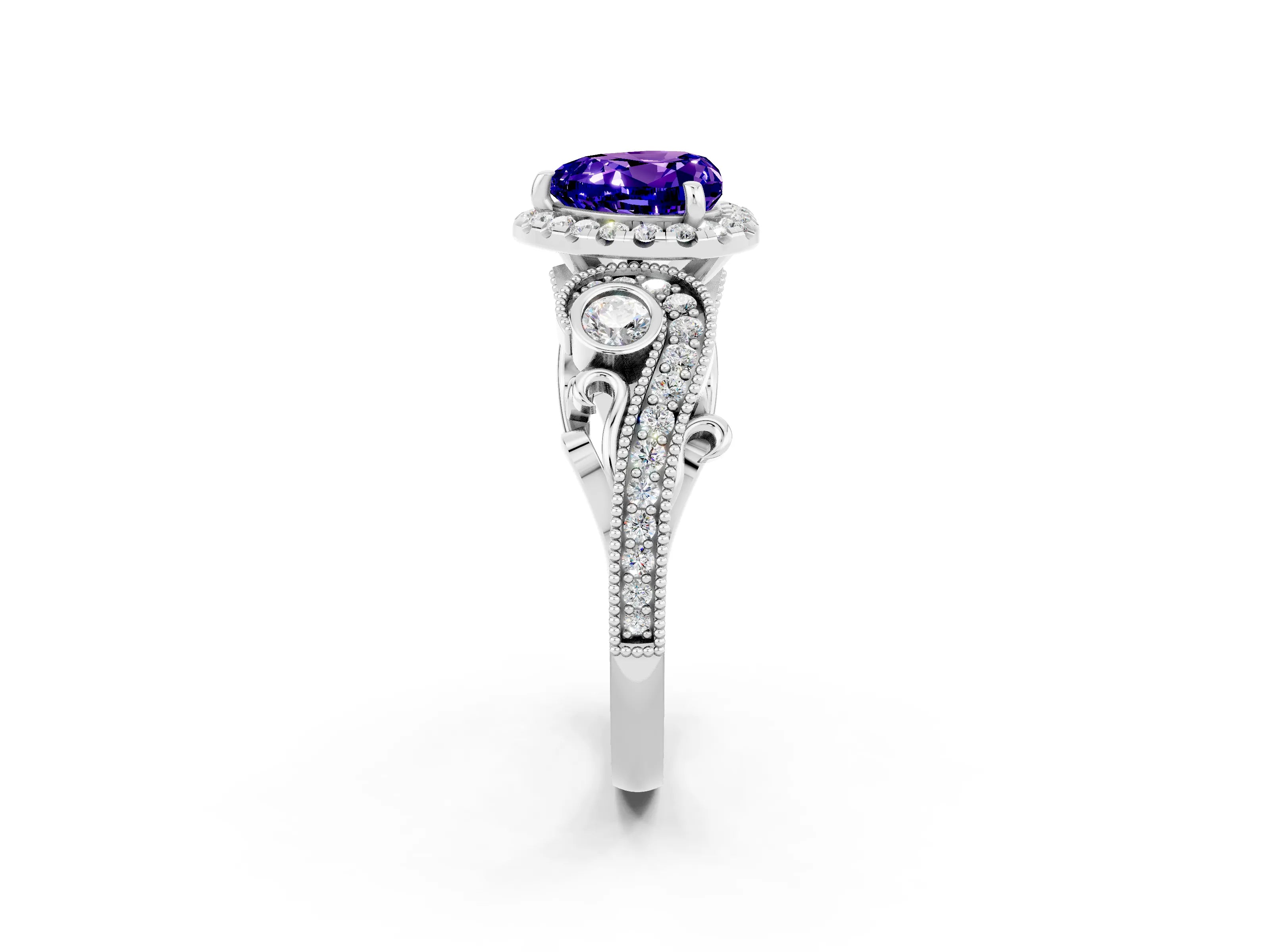 White gold Heart Cut Tanzanite Halo Ring with Milgrain Pavé Band and Four-Prong Setting_14