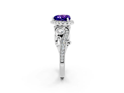 White gold Heart Cut Tanzanite Halo Ring with Milgrain Pavé Band and Four-Prong Setting_14