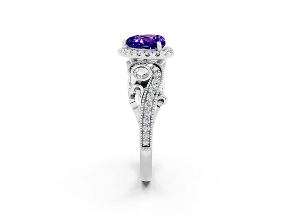 White gold Heart Cut Tanzanite Halo Ring with Milgrain Pavé Band and Four-Prong Setting