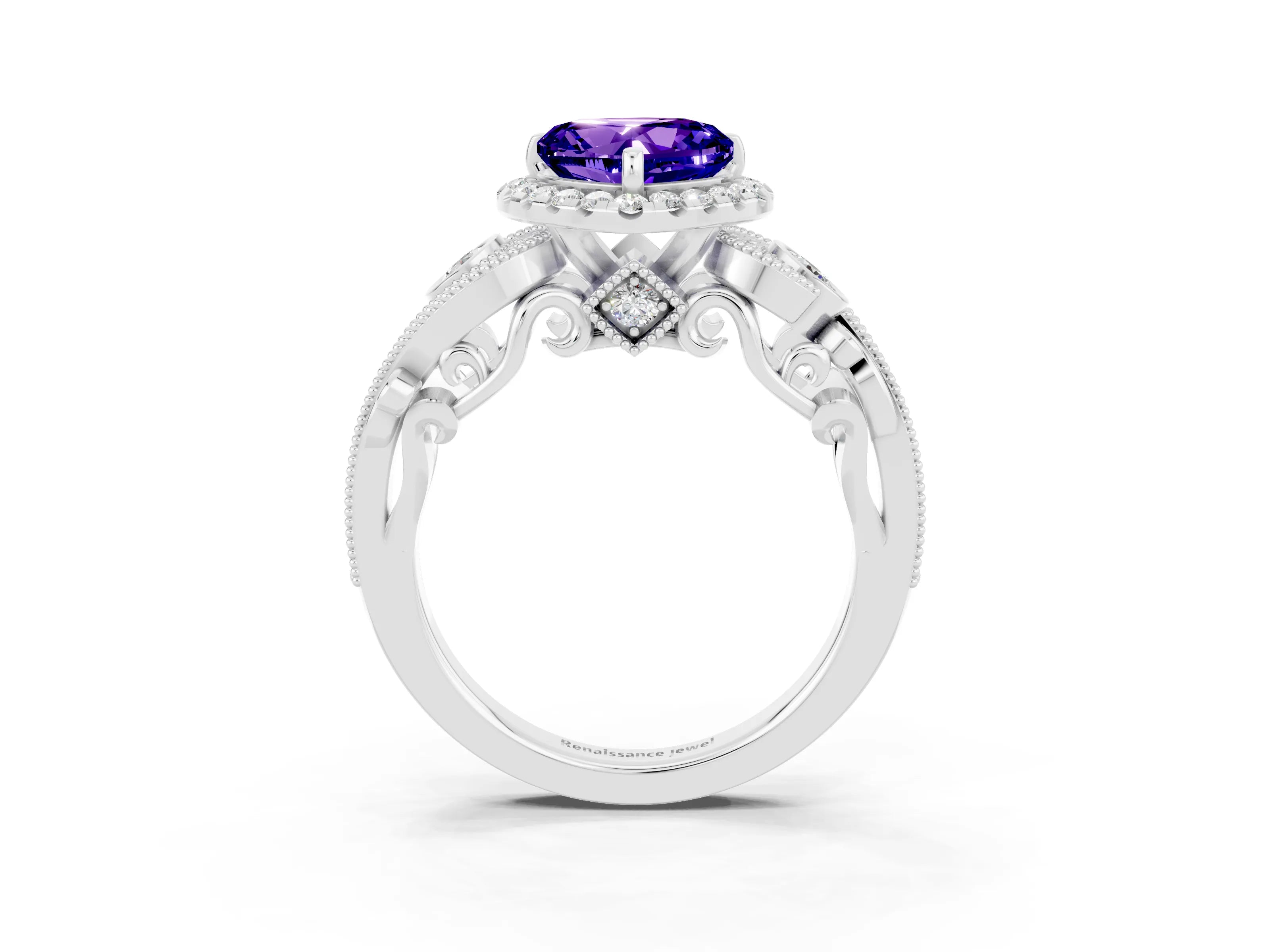 White gold Heart Cut Tanzanite Halo Ring with Milgrain Pavé Band and Four-Prong Setting_15