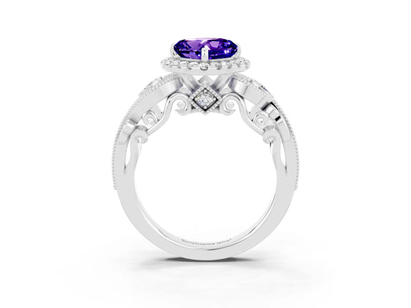 Platinum Heart Cut Tanzanite Halo Ring with Milgrain Pavé Band and Four-Prong Setting
