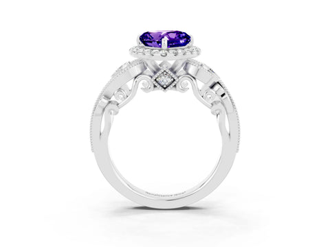White gold Heart Cut Tanzanite Halo Ring with Milgrain Pavé Band and Four-Prong Setting_15