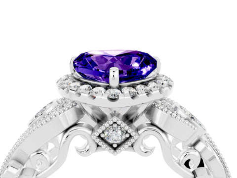 White gold Heart Cut Tanzanite Halo Ring with Milgrain Pavé Band and Four-Prong Setting_16