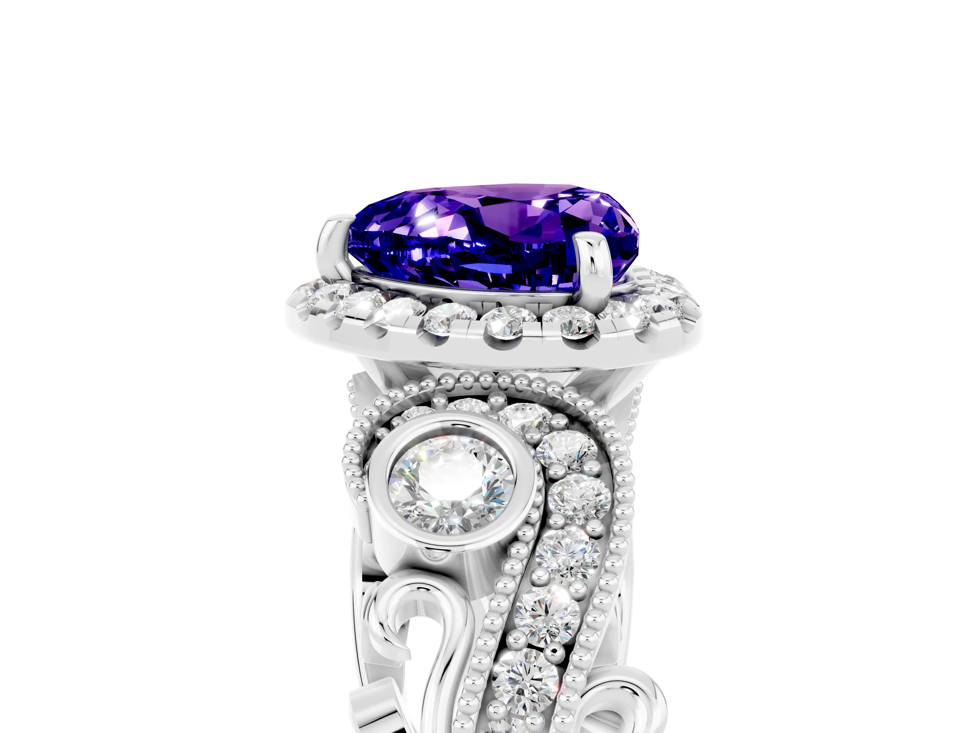 White gold Heart Cut Tanzanite Halo Ring with Milgrain Pavé Band and Four-Prong Setting_17