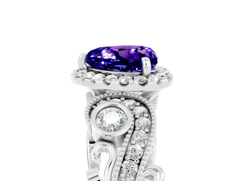White gold Heart Cut Tanzanite Halo Ring with Milgrain Pavé Band and Four-Prong Setting_17