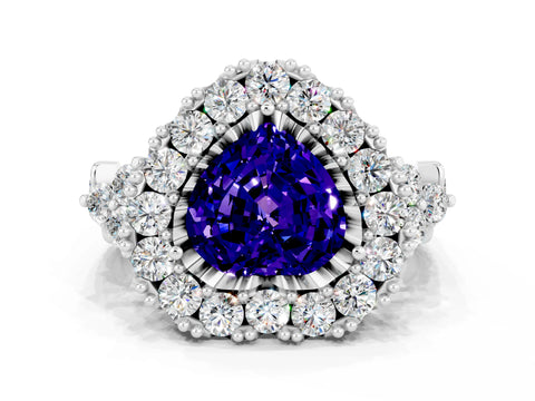 White gold Heart Cut Tanzanite Halo Ring with Pavé Band and Four-Prong Setting_12