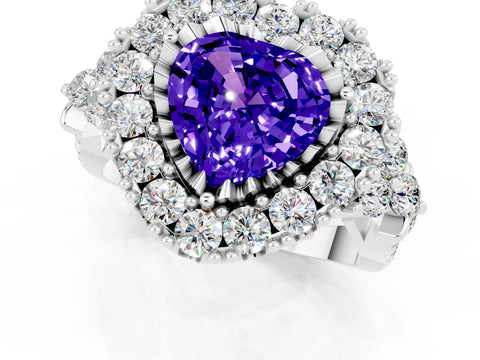 White gold Heart Cut Tanzanite Halo Ring with Pavé Band and Four-Prong Setting_13