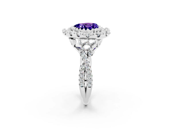 Platinum Heart Cut Tanzanite Halo Ring with Pavé Band and Four-Prong Setting