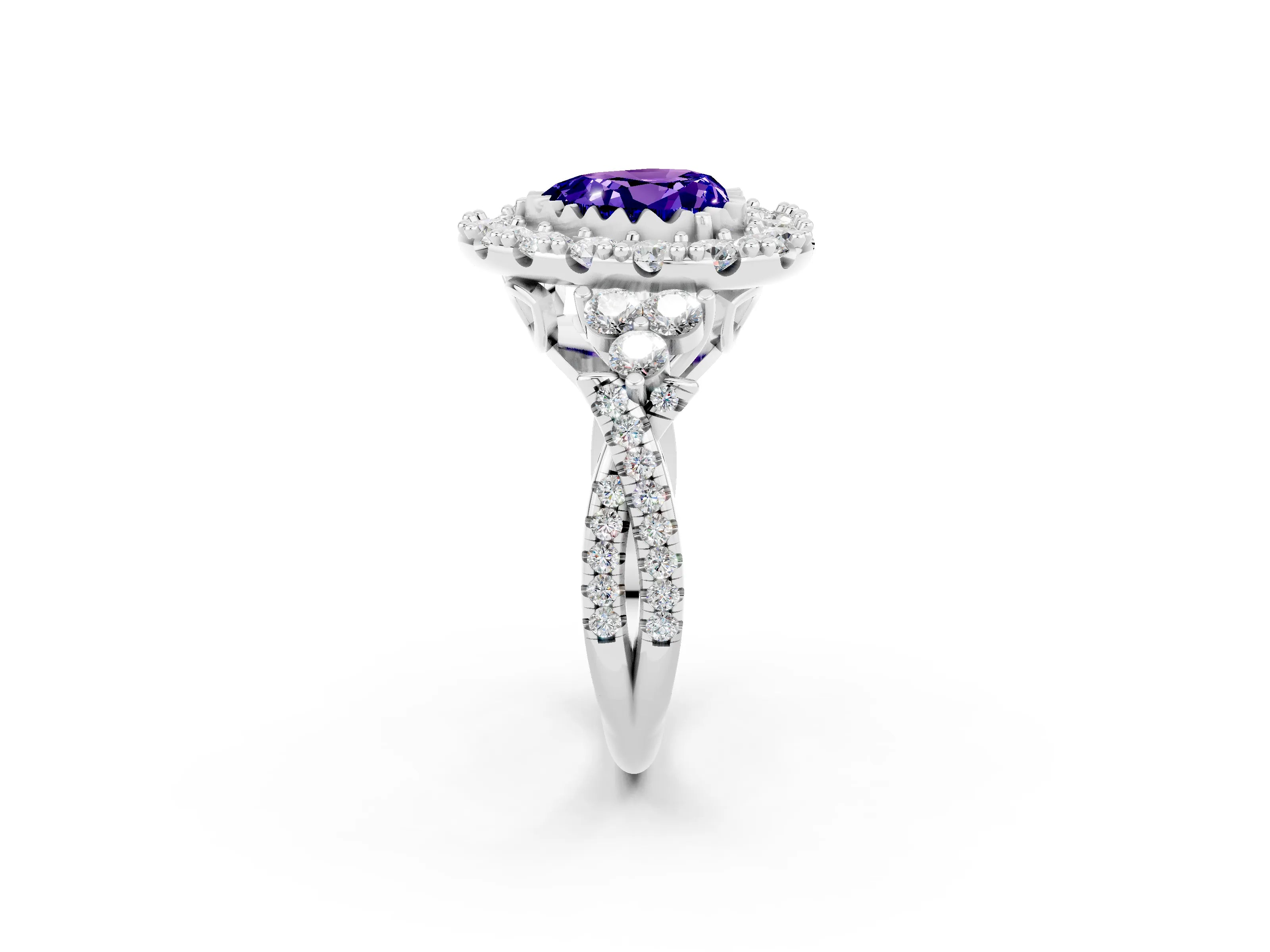 White gold Heart Cut Tanzanite Halo Ring with Pavé Band and Four-Prong Setting_14