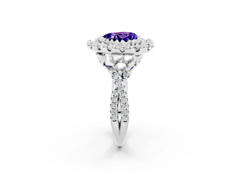White gold Heart Cut Tanzanite Halo Ring with Pavé Band and Four-Prong Setting_14