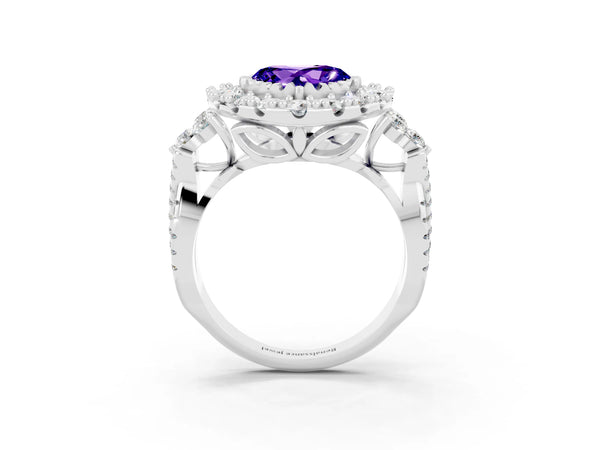 Platinum Heart Cut Tanzanite Halo Ring with Pavé Band and Four-Prong Setting