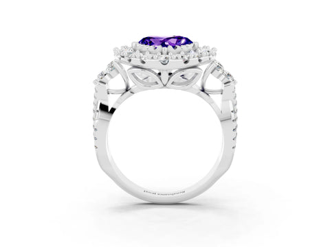 White gold Heart Cut Tanzanite Halo Ring with Pavé Band and Four-Prong Setting_15