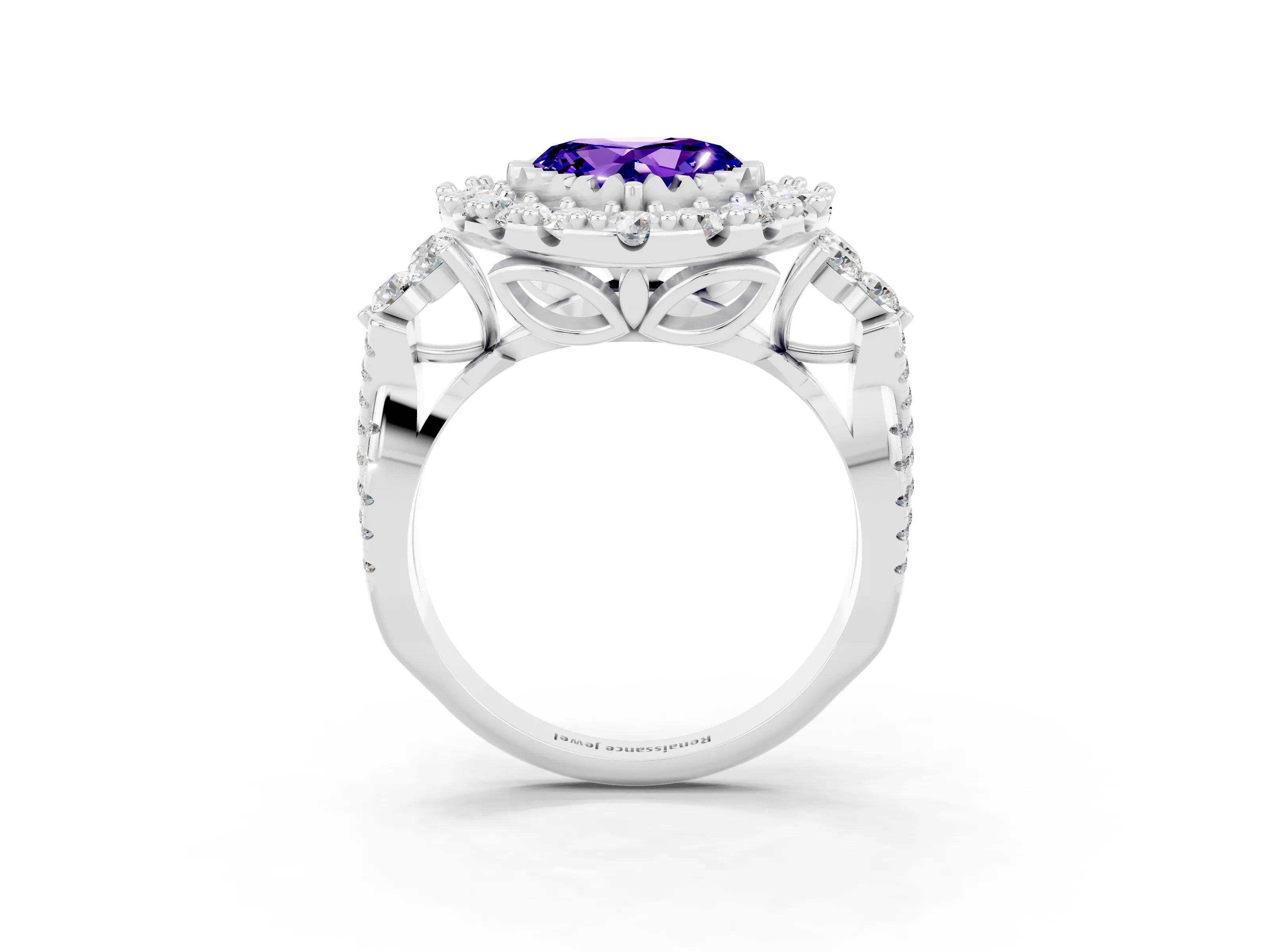 White gold Heart Cut Tanzanite Halo Ring with Pavé Band and Four-Prong Setting_15