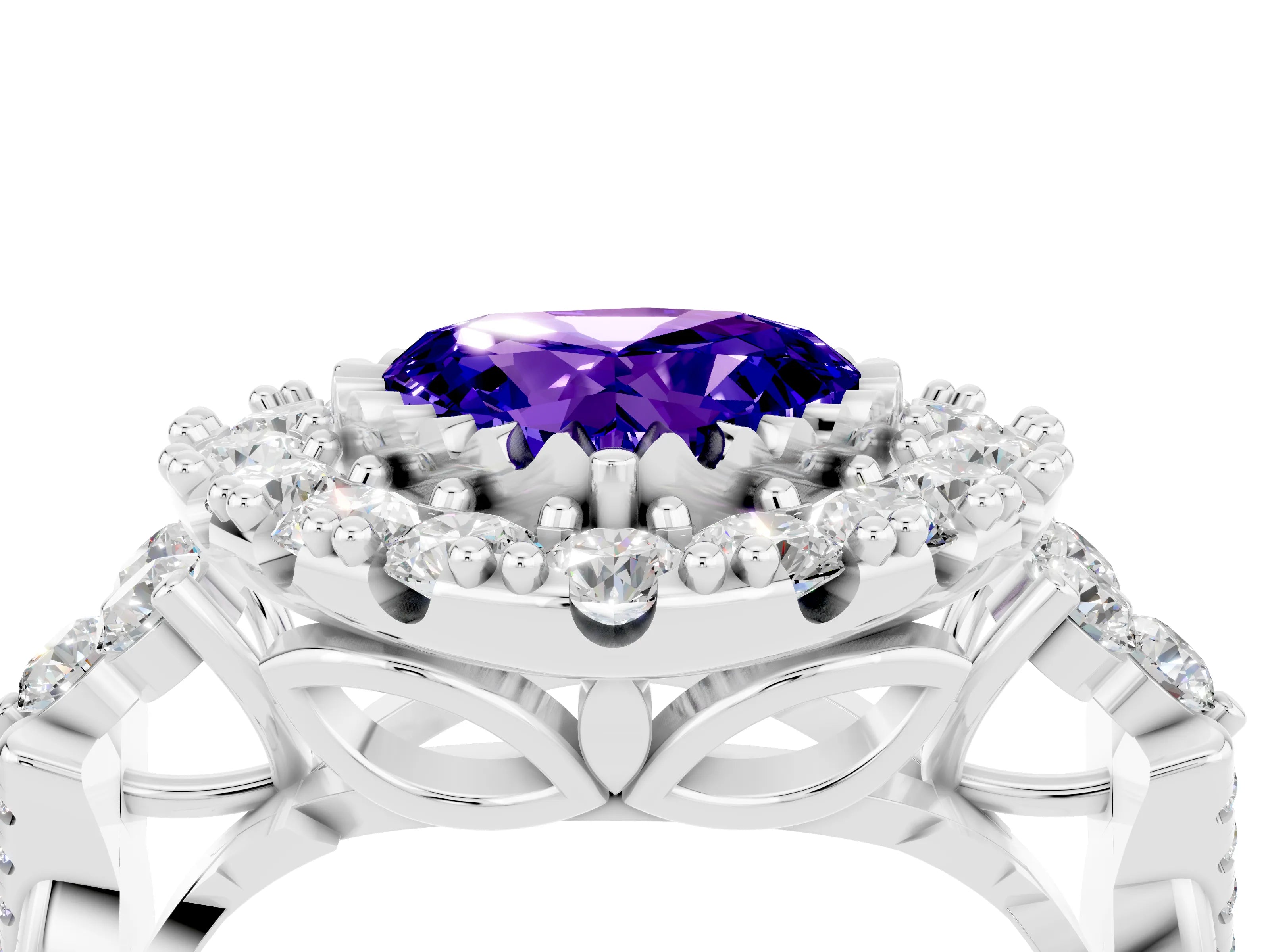White gold Heart Cut Tanzanite Halo Ring with Pavé Band and Four-Prong Setting_16