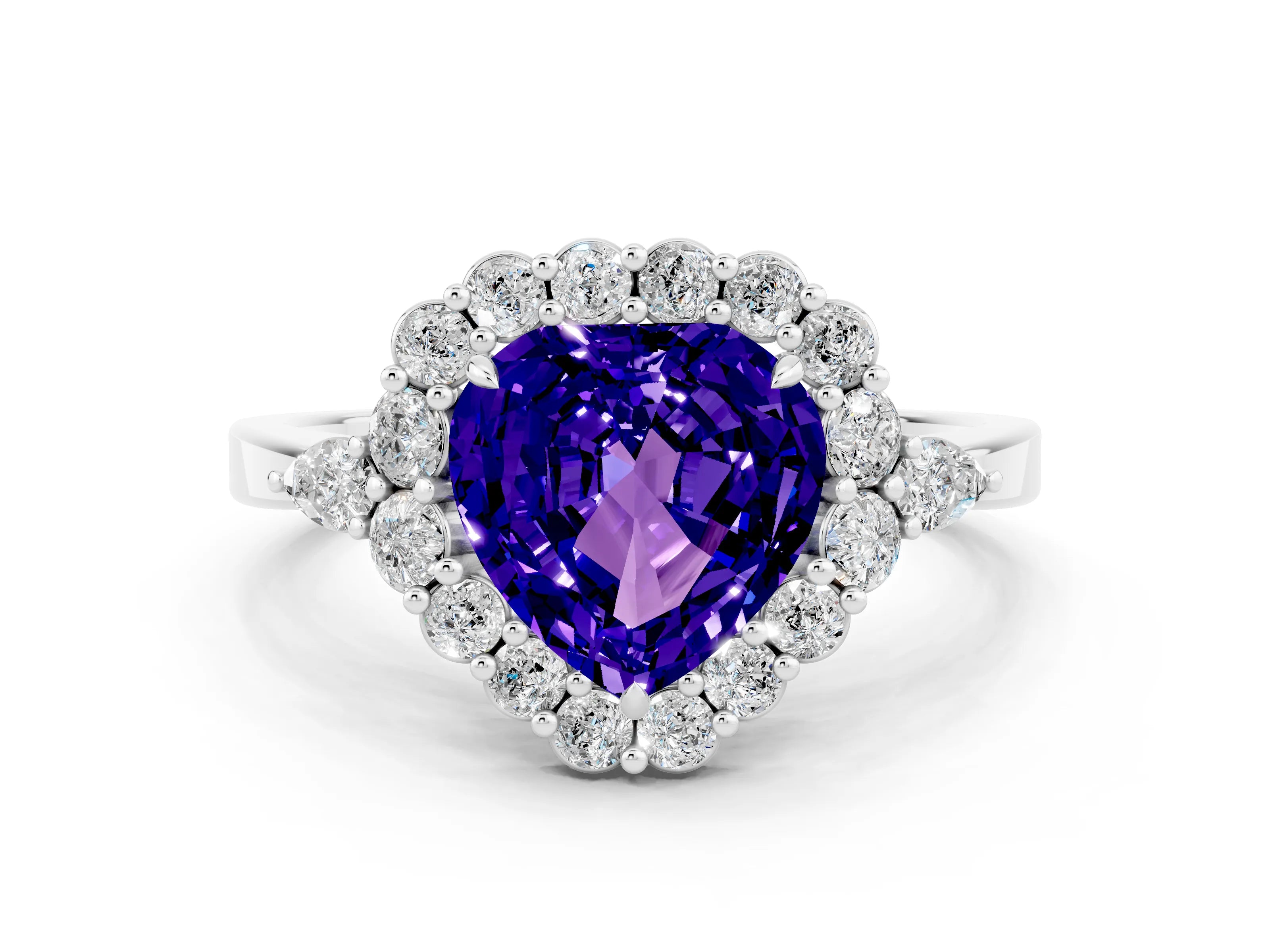 White gold Heart Cut Tanzanite Halo Ring with Pear Side Stones and Prong Setting_26