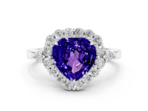 White gold Heart Cut Tanzanite Halo Ring with Pear Side Stones and Prong Setting_26