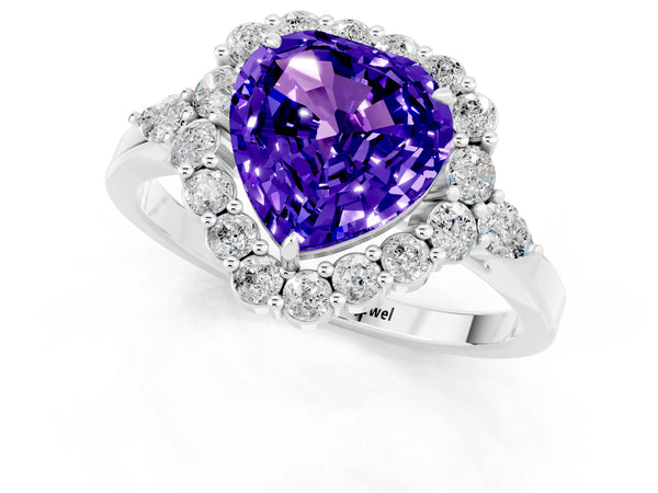 White gold Heart Cut Tanzanite Halo Ring with Pear Side Stones and Prong Setting