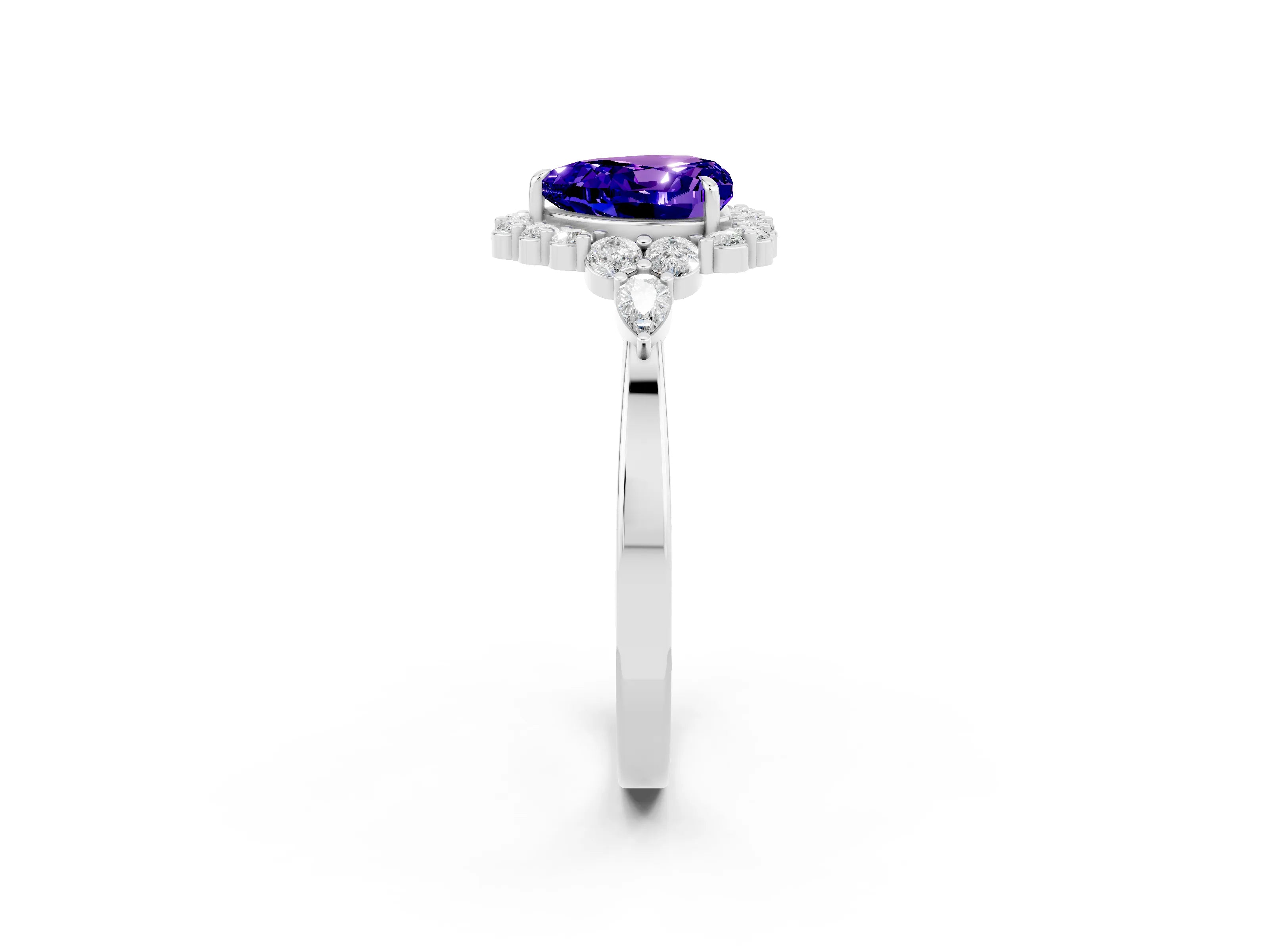 White gold Heart Cut Tanzanite Halo Ring with Pear Side Stones and Prong Setting_28