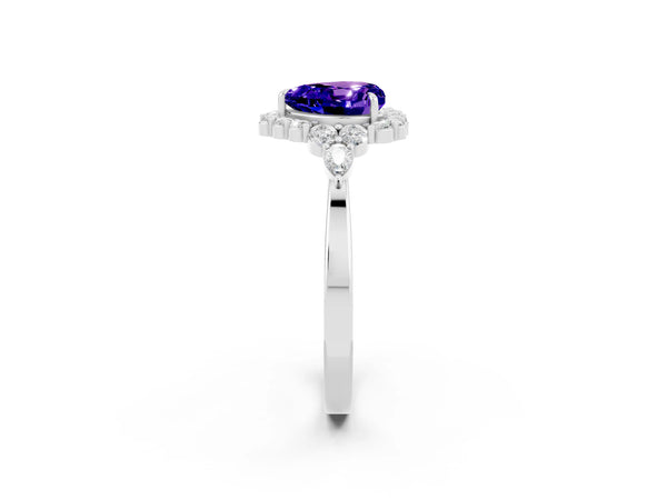 White gold Heart Cut Tanzanite Halo Ring with Pear Side Stones and Prong Setting
