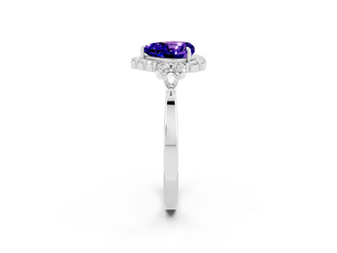 White gold Heart Cut Tanzanite Halo Ring with Pear Side Stones and Prong Setting_28
