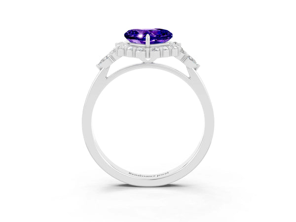 Silver Heart Cut Tanzanite Halo Ring with Pear Side Stones and Prong Setting