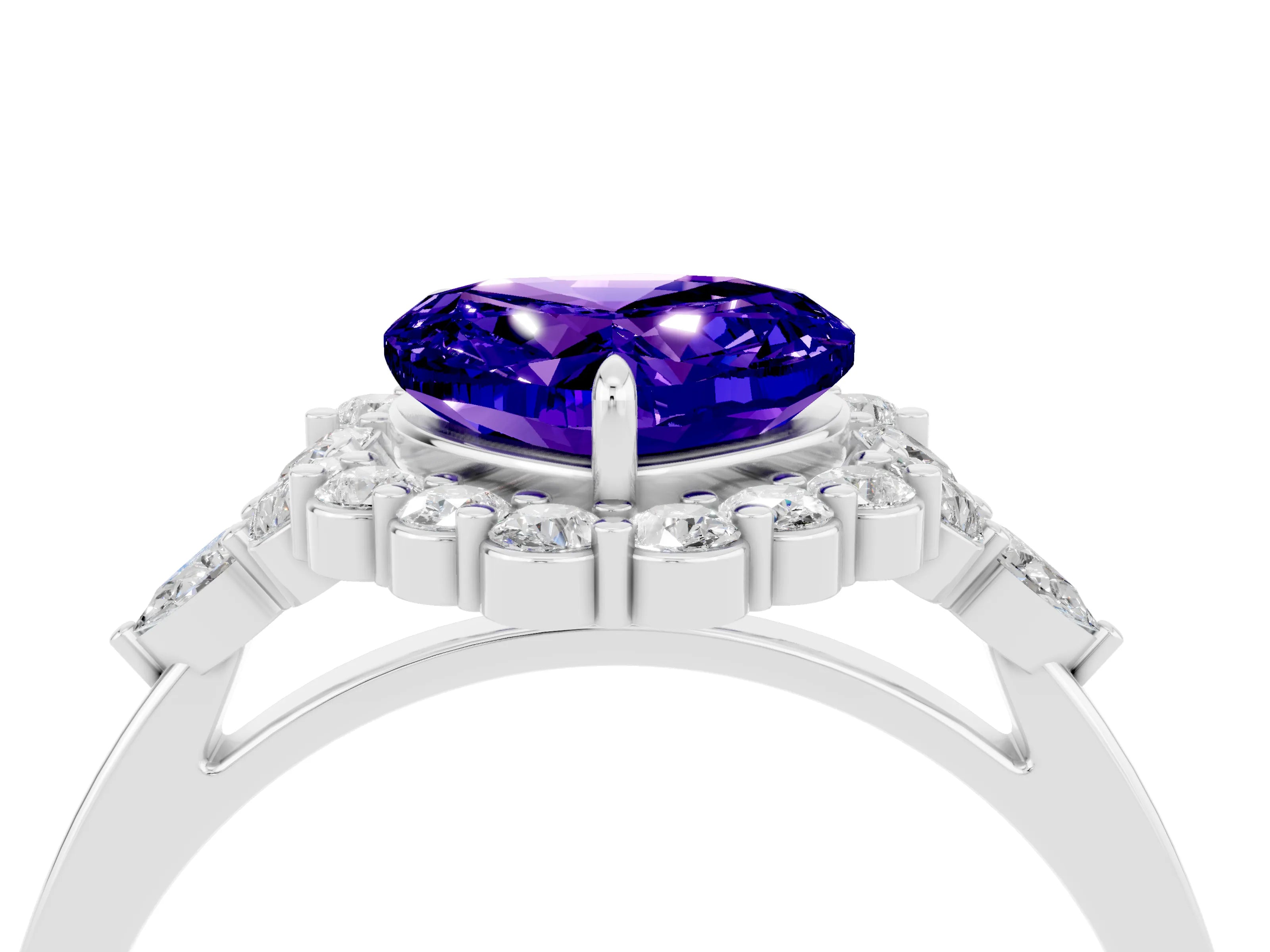 White gold Heart Cut Tanzanite Halo Ring with Pear Side Stones and Prong Setting_30