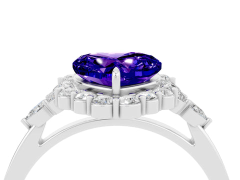White gold Heart Cut Tanzanite Halo Ring with Pear Side Stones and Prong Setting_30