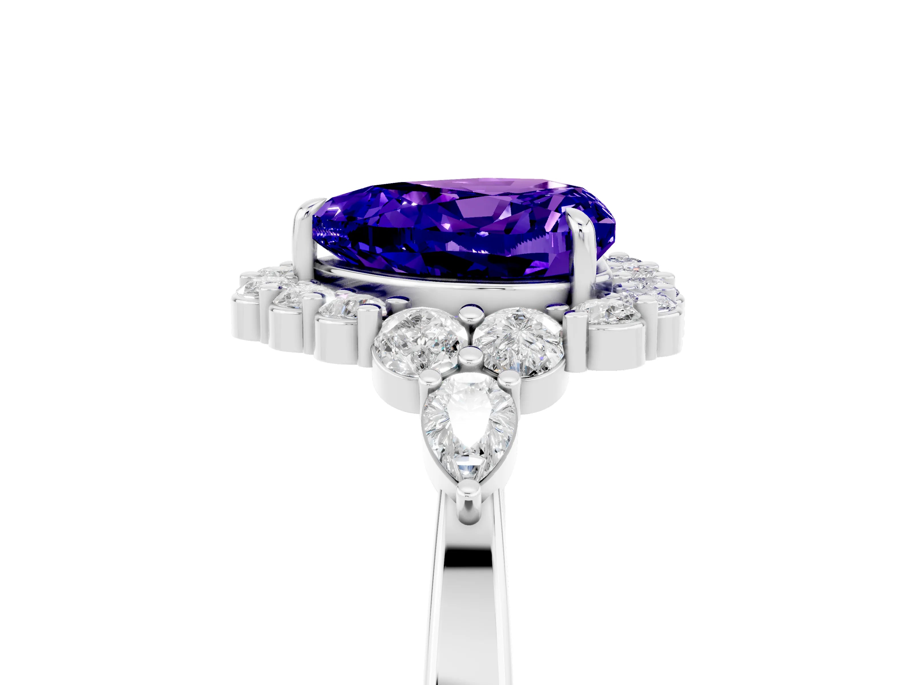 White gold Heart Cut Tanzanite Halo Ring with Pear Side Stones and Prong Setting_31