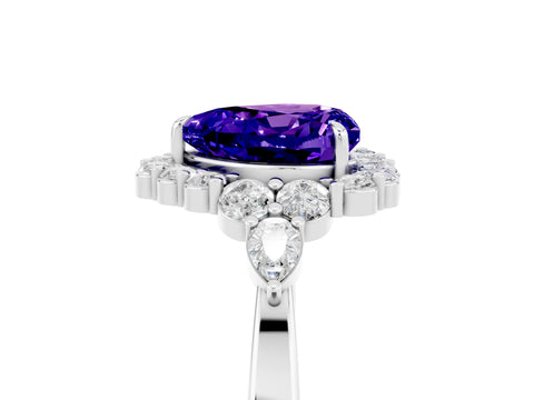 White gold Heart Cut Tanzanite Halo Ring with Pear Side Stones and Prong Setting_31