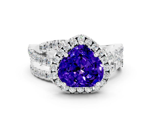 Platinum Heart Cut Tanzanite Halo Ring with Round Split Shank and Prong Setting