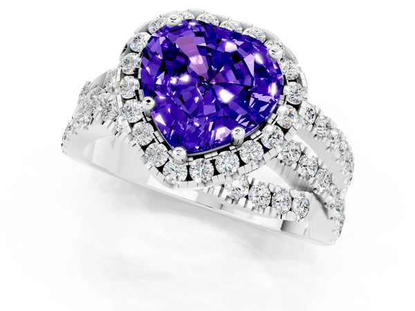 Platinum Heart Cut Tanzanite Halo Ring with Round Split Shank and Prong Setting