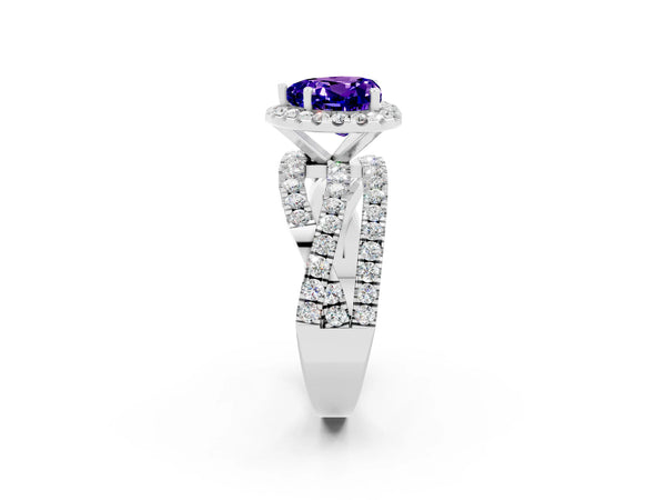 Platinum Heart Cut Tanzanite Halo Ring with Round Split Shank and Prong Setting