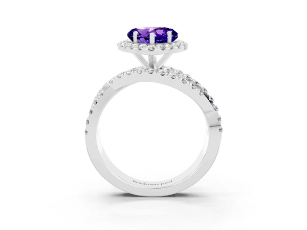 Platinum Heart Cut Tanzanite Halo Ring with Round Split Shank and Prong Setting