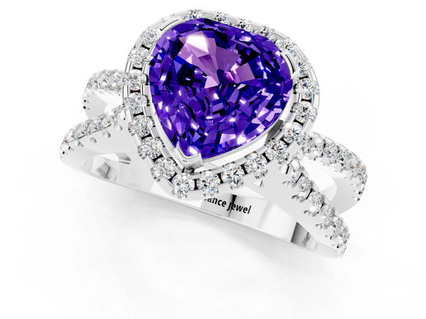 Silver Heart Cut Tanzanite Halo Ring with Split Shank Pavé Band and Prong Setting