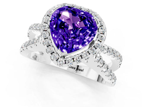 White gold Heart Cut Tanzanite Halo Ring with Split Shank Pavé Band and Prong Setting_1