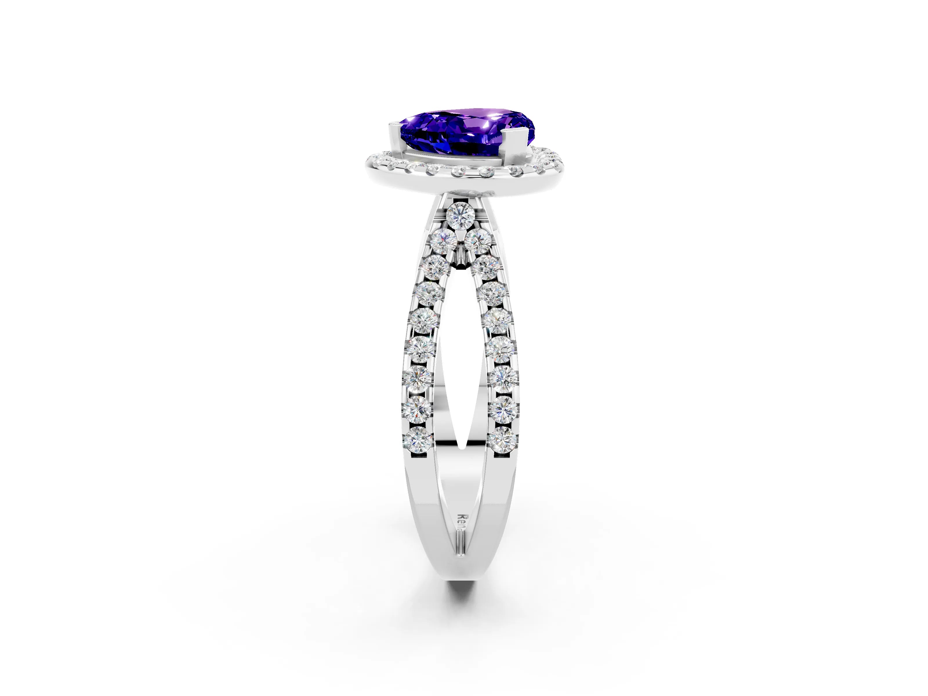 White gold Heart Cut Tanzanite Halo Ring with Split Shank Pavé Band and Prong Setting_2