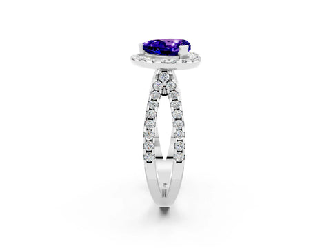 White gold Heart Cut Tanzanite Halo Ring with Split Shank Pavé Band and Prong Setting_2