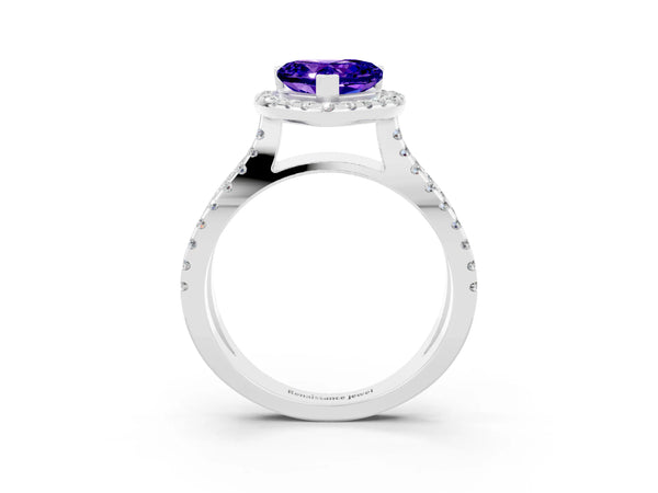 Platinum Heart Cut Tanzanite Halo Ring with Split Shank Pavé Band and Prong Setting
