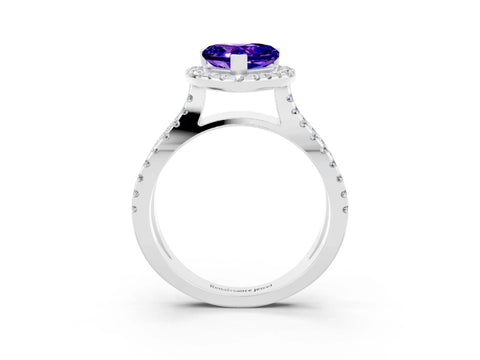 White gold Heart Cut Tanzanite Halo Ring with Split Shank Pavé Band and Prong Setting_3