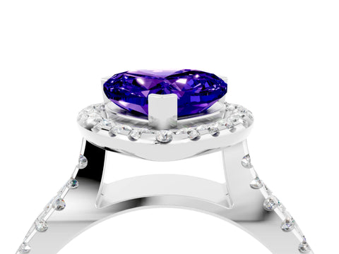 White gold Heart Cut Tanzanite Halo Ring with Split Shank Pavé Band and Prong Setting_4